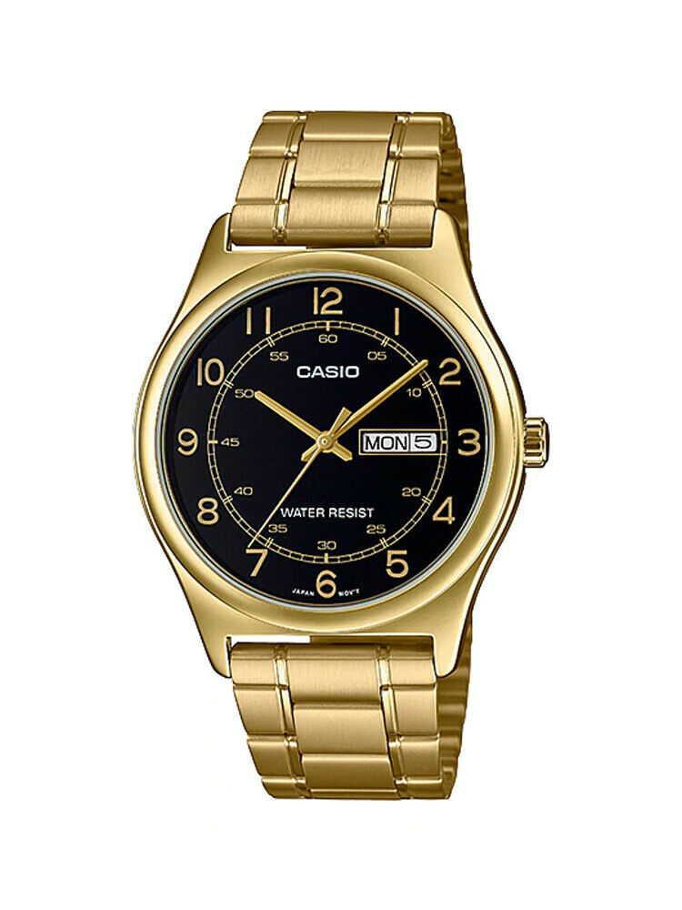 Casio MTP-V006G-1B Men's Gold Tone Easy Reader Black Dial Day Date Analog Watch